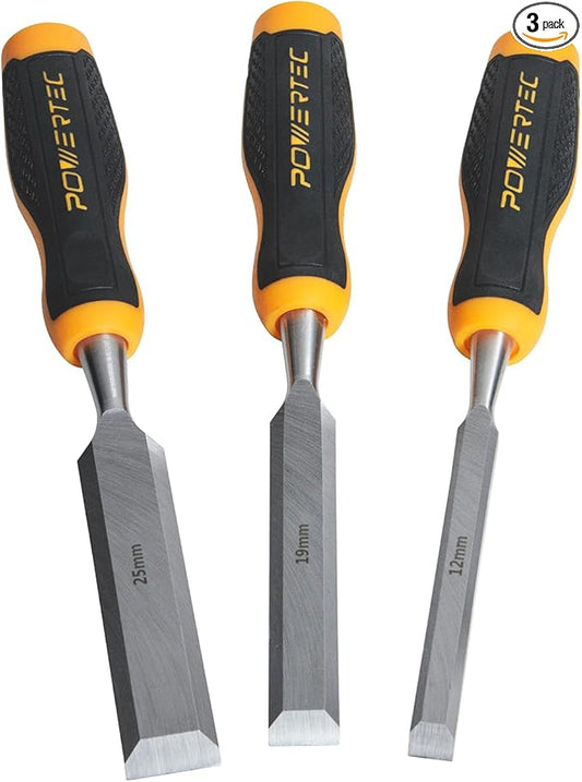 POWERTEC Wood Chisel 3 Piece Set - 1", 3/4" & 1/2" Bevel-Edge Bench Chisels with Strike Cap, Drop Forged Chrome Vanadium Steel Blades for Woodworking, Joinery, Mortising, Paring and Trimming (72136)