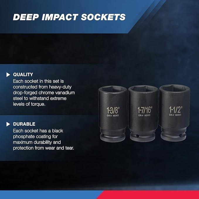 NEIKO 02461A 3/4 Inch Drive Impact Socket Set, SAE 1??to 1-1/2?? 8 PC, Deep/Jumbo Sockets, Chrome Vanadium Cr-V