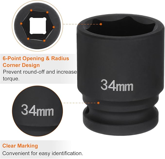 HARFINGTON 6-Point Impact Socket 3/4" Drive 34mm Metric 40Cr Alloy Steel Spindle Axle Nut Impact Socket