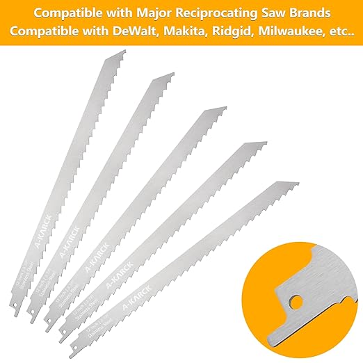 A-KARCK Food Reciprocating Saw Blades for Frozen Meat 5 Pack, Unpainted Stainless Steel Saw Blades for Food Cutting Included 12"