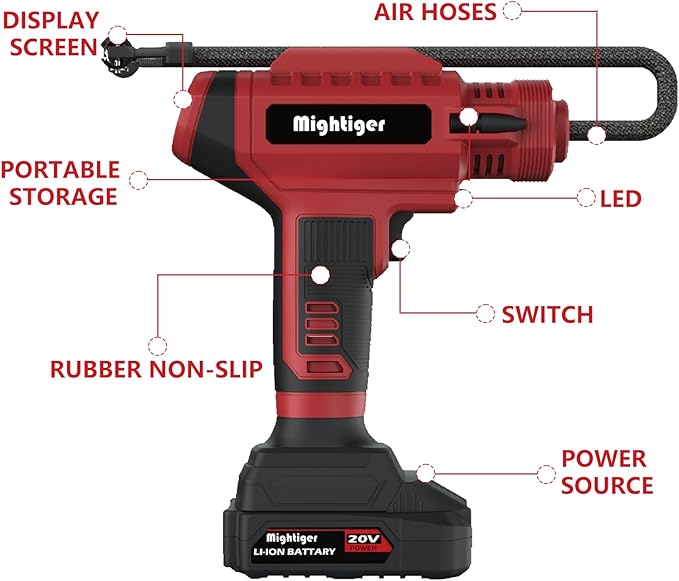 Tire Inflator 20V Cordless Mini Air Compressor DC 12V Portable Handheld Car Drill Air Pump 150PSI with Rechargeable Battery, Auto Shut Off, LED, Digital Pressure Gauge for Cars Bikes (Red)