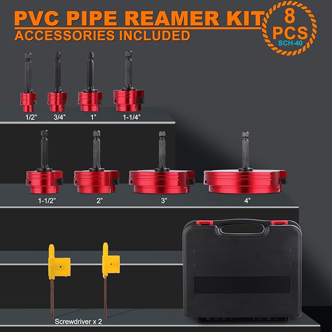 Double-Blade PVC Pipe Reamer Kit (1/2" to 4") 8PCS into Standard 1/2" Drills - Fits Sch.40 CPVC ABS Hub
