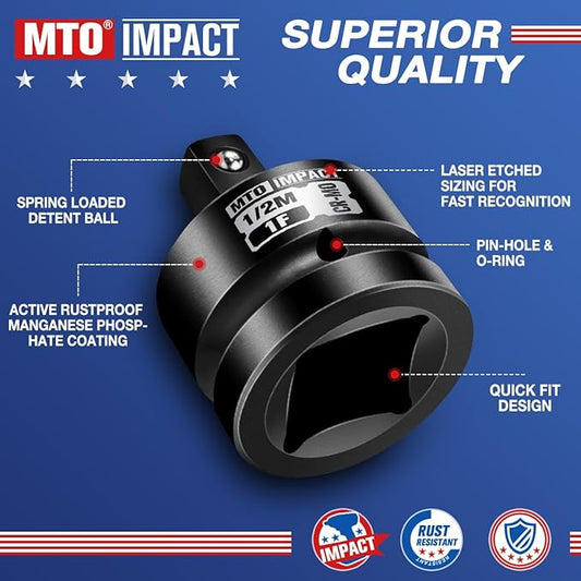 MTO 1" Female to 1/2" Male Impact Socket Adapter, 1-Inch Impact Socket Reducer, Chrome Molybdenum Alloy Steel, for Impact Wrench & Ratchet Use