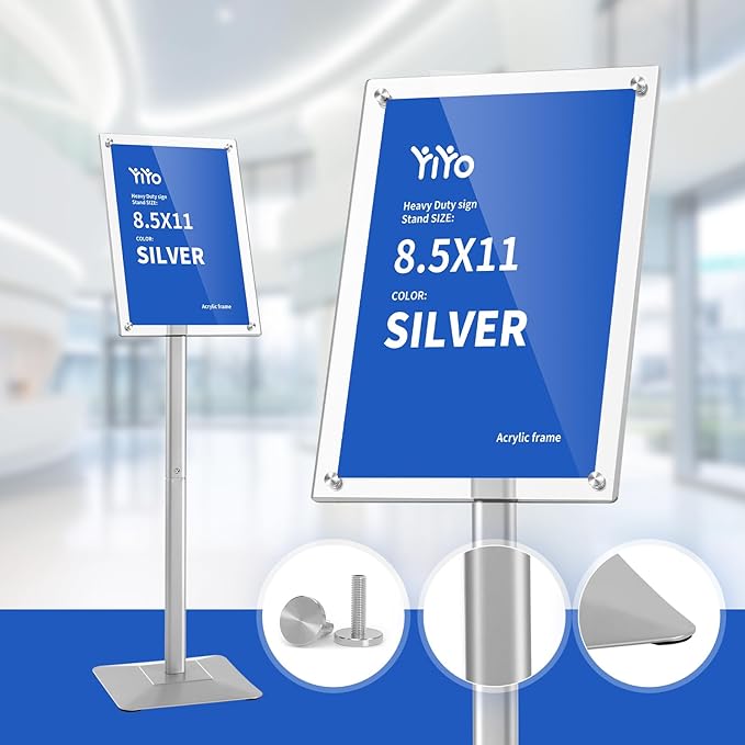 YIYO Sign Stand Poster Stand竊똞djustable heavy duty pedestal Sign Holder Floor Stand竊똞crylic frame floor signage standing for display menu 8.5*11 inch竊똕ilver (acrylic frame 8.5*11 Silver)