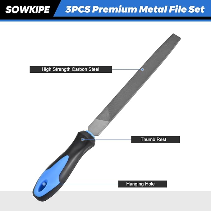 3-Piece Metal File Set, Premium High-Carbon Steel Files, 8 Inches, Includes Flat, Round, and Half-Round, Perfect for Metal, Wood, and More