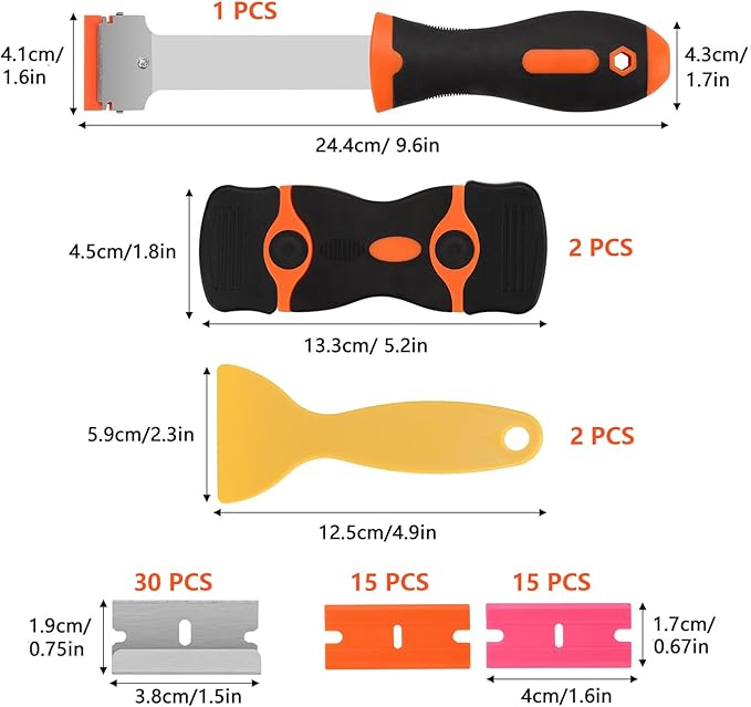 2 Pcs 2-in-1 Razor Blade Scraper Tool with 30Pcs Plastic Blades, 30Pcs Metal Blades and 2Pcs Plastic Cleaning Scrapers for Decals, Stickers, Labels, Caulk, Adhesive, Paint Removal