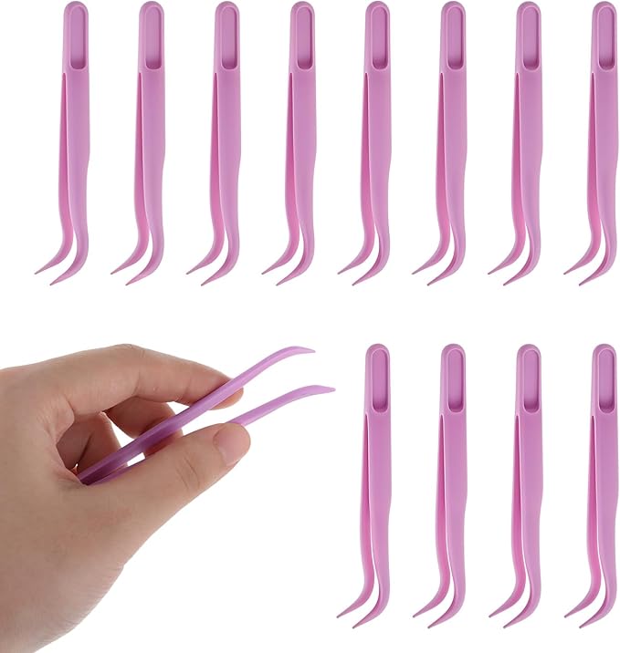 12pcs Plastic Tweezers, 4.5 Inch Bent Tweezers for Kids DIY Jewelry Making, Crafts, Baking Decoration, Reptile Feeding, Purple