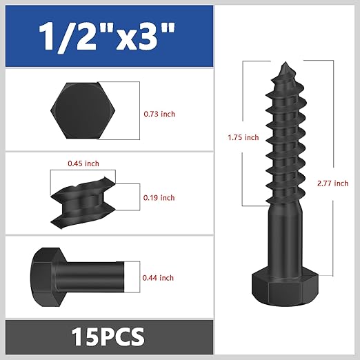 Lag Screws Wood Screws (15PCS, 1/2"x3", Black) Hex Head Lag Bolts,(12x75) Heavy Duty Lag Screws,304 Stainless Steel Bolts 18-8