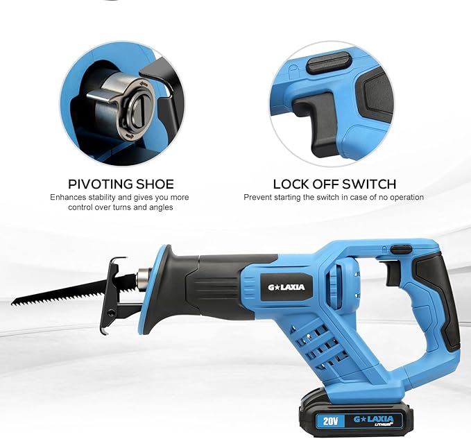 Reciprocating Saw, 20V Cordless Reciprocating Saw with 2.0Ah Battery and Fast Charger, 0-3000RPM, Tool-Free Blade Change, 5Pcs Blades for Wood, Soft Metal, PVC Pipe Cutting