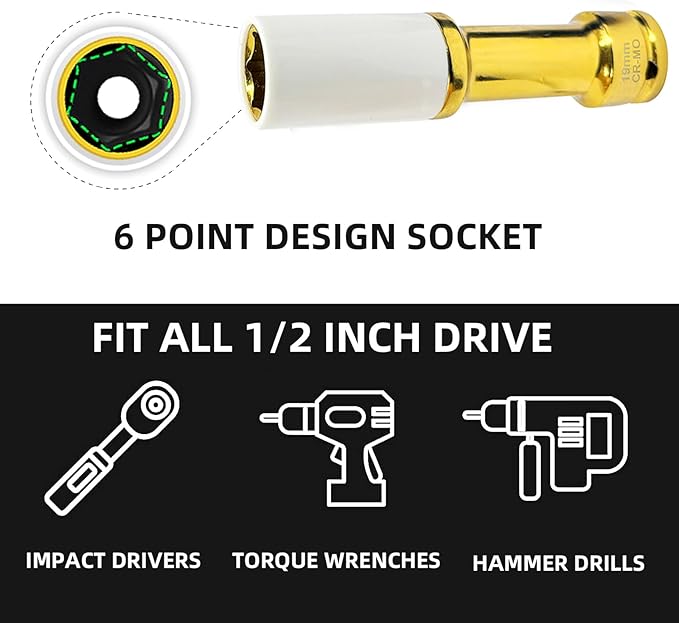 Greywolf 1/2 Inch Drive Nut Socket Set, 3 pcs Wheel Nut Socket Set, Score Nut Thin Wall Wheel Impact Deep Socket Set, Extra Long 150mm Deep Socket for Wheel Nut Remover, Metric Sizes 17 19 21mm
