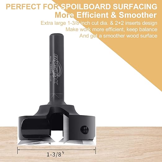CNC Spoilboard Surfacing Router Bit 1/4" Shank, Slab Flattening Router Bit with 1-3/8" Cutting Diameter, 2+2 Flutes Insert Carbide Wood Planer Router Bits, Planing Bit for Woodworking
