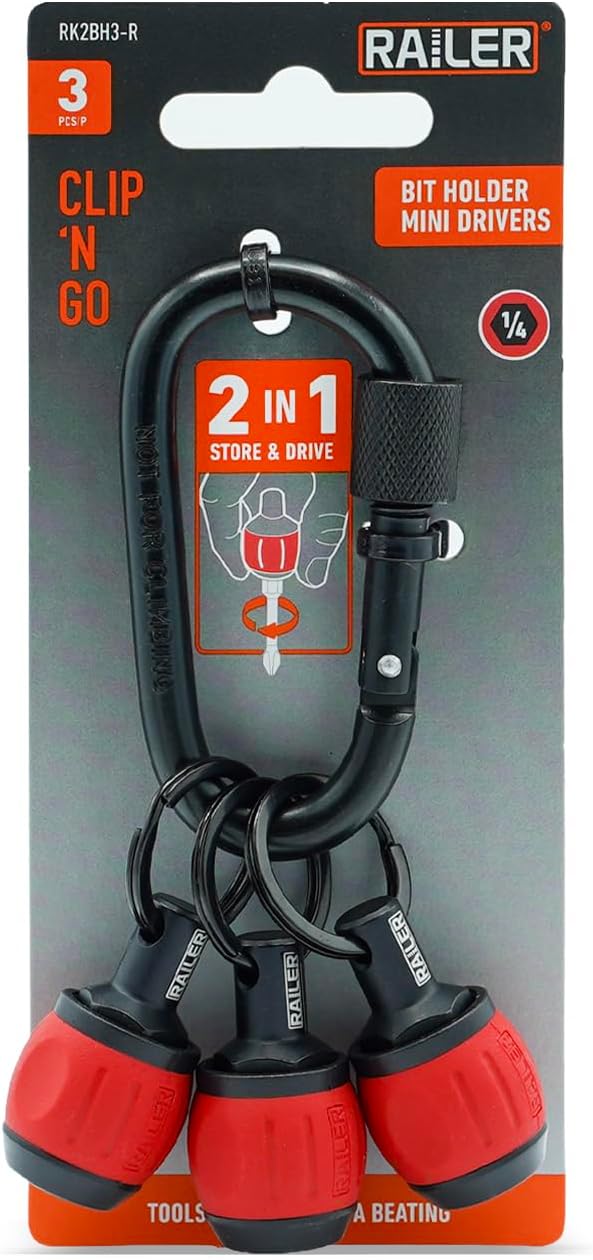 Bit Holder Key Chain Screwdrivers - Railer Heavy Duty 1/4" Hex Soft Ball Grip Bit Holders & Secure Keychain Carabiner. HVAC Tools w/Quick Release For Nut Drivers, Impact Driver & Drill Bits