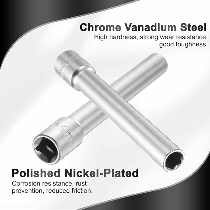 HARFINGTON 2pcs 6 Points Deep Socket 3/8" Drive 9mm Deep Metric CR-V Steel Polished Nickel Plating Flip Sleeve 120mm / 4.7" Extra Long Socket Tool for Home Auto Nuts Bolts Repair