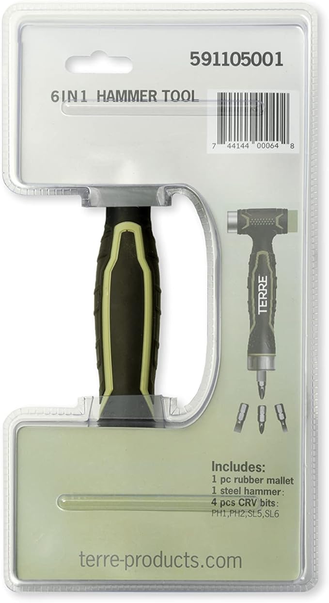 Terre Products, 6 in 1 Double Faced Hammer Tool, Small Rubber Mallet Hammer, Built-In Multi Bit Screwdriver, Ergonomic Non-Slip TPR Handle, Perfect for Crafts, Jewelry, Wood, Auto, and Flooring