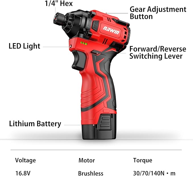 Cordless Impact Driver Kit 16.8V Max Torque 140Nm竊?05ft-lbs竊덳igh Rotation Electric Impact Driver Brushless Motor Continuously Variable Rechargeable 1/4" impact driver 2.0Ah Batteries