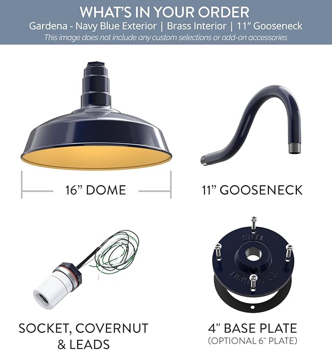 Steel Lighting Co. | Dusk to Dawn | Gardena Barn Light | Outdoor Wall Mounted | 16" Dome | 11" Gooseneck | Farmhouse Light Made in America | Navy Blue/Brass