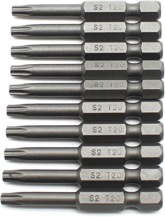 TEMO 10 pc T20 Torx Star Head Screwdriver Bit Set, S2 Steel 6 Point T-20 Reduced Round Shaft Screwdriver Insert Bits Hex Shank