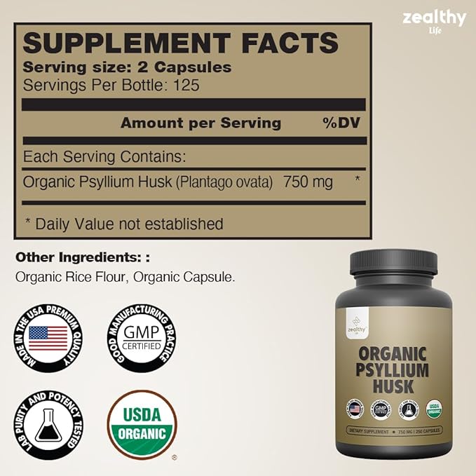Organic Psyllium Husk Capsules 750 mg, Natural Fiber Supplement for Gut Health* - Alternative to Psyllium Husk Powder, Zealthy Life, 250 Capsules - Pack of 2