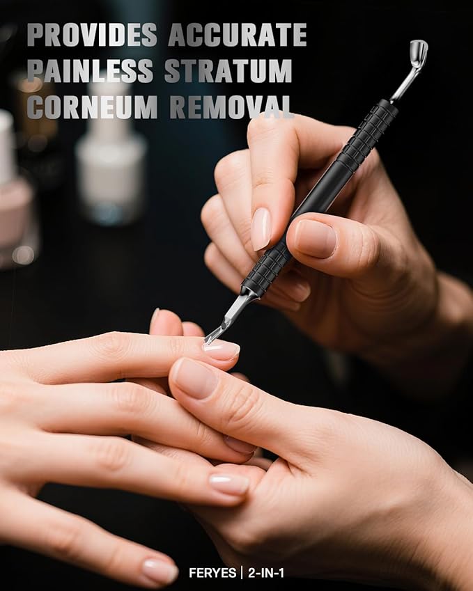 FERYES Upgraded Horseshoe Shape Cuticle Pusher with Fork, 2-in-1 Cuticle Remover Tool, Stainless Steel Cuticle Trimmer Nail Care Tool for Manicures- Black(5.6 Inches）
