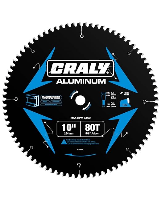 CRALY 10 Inch 80 Teeth Aluminum and Non-Ferrous Metal Cutting Circular Saw Blade, 5/8 Inch Arbor, Carbide Tipped, Thin Kerf, Black Ice Coating, for Medium Aluminum, Plastic, Composite(C1080AL)