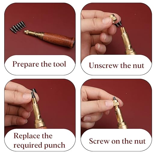 Adjustable Leather Hole Punching Tool Automatic Puncher with Wooden Handle Hollow Hole Punch with 6 Tips Size (1.5mm/2mm/2.5mm/3mm/3.5mm/4mm) for Leather Belt, Bag, Wristband