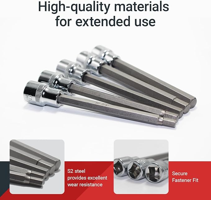 19-Piece 3/8 Inch Drive Extra Long Allen Hex Bit Socket Set, Standard SAE (1/8" - 3/8"), Metric (3mm-12mm), CR-V & S2 Alloy Steel Durable Tool Accessories Kit for Mechanics