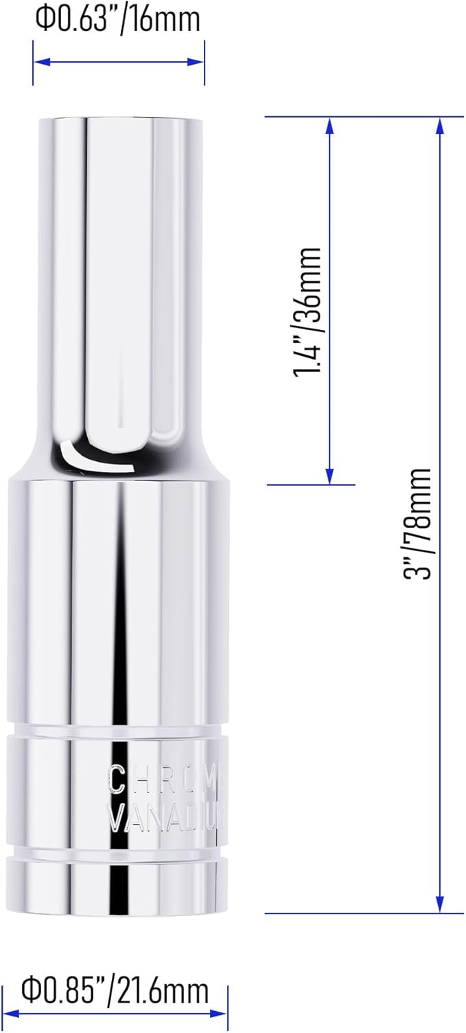 9mm Deep Socket, 1/2 Inch Drive, 6-Point, Metric, Heat Treated CR-V Steel Sockets, Full Polishing, 3.1 Inch Length