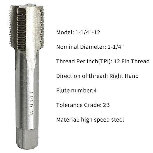 Lzcdelyxiao 1 1/4"-12 Tap UNF Right Hand Straight Flute Thread Tap Machine Tap 1-1/4"-12 TPI Nominal Diameter 1 1/4" Thread Per Inch 12 Fin Thread Tapping Thread High Speed Steel HSS 2B