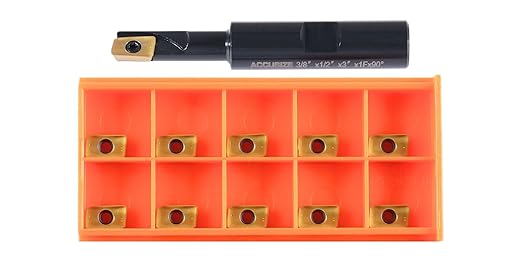 Accusize Industrial Tools 3/8" 90째 Square Shoulder Indexable End Mill w/ 10 add'l APKT11T308 Inserts, 1/2" Shank, 3" OAL, 0.433" ap, 1 Flute, APKT11T308 Carbide Insert, 0056-0912+0056-1130