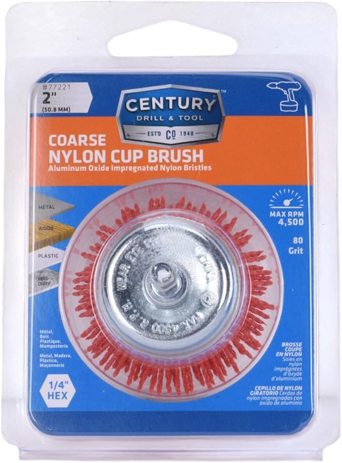 Century Drill & Tool 77221 2" Coarse Nylon End Brush, 80 Grit, 1/4" Quick Change Shank, 4,500 RPM - Nylon Bristles for Metal, Wood, Plastic, Masonry