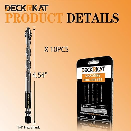 DECKRKAT Upgraded 10-Pack 5/16 Inch Black 4-Flute Serrated Masonry Drill Bits - Concrete, Tile, Glass, Brick, Ceramic, Plastic, Wood