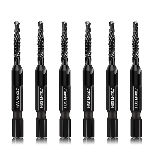 DKIBBITH 6 Packs M4 Combination Drill & Taps Bit Set, Screw Threading Tapping Tools in Size M4*0.7 with Anti-Rust Black Coating, 1/4" Hex Shank and Storage Case
