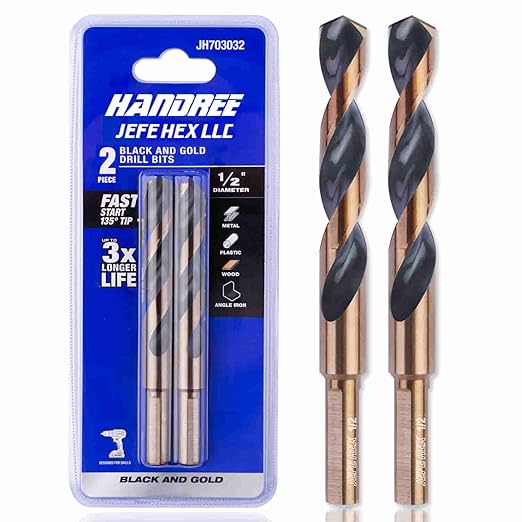 JEFE HEX 1/2" Dia. 5" OAL HSS Twist Drill Bit, General Purpose, 3-Flat Shank, Black and Gold Finished, 135 Degree Split Point, Ideal for Steel/Wood/Copper/Aluminum/Zinc Alloy/Plastic. (2-Piece)