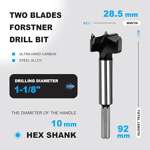 1-1/8 Inch Forstner Drill Bit Carbide Tipped,Woodworking Hinge Cutter for Precise Flat Bottom Holes in Hard Wood,Plywood,Plastic - Professional Grade