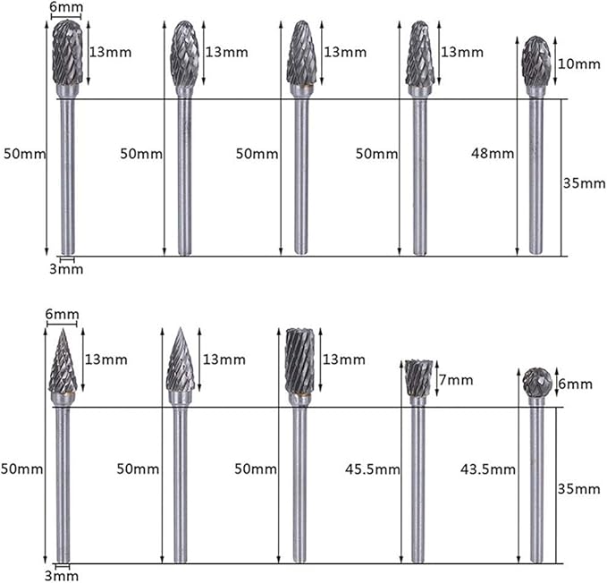 Double Cut Carbide Rotary Burr Set - 10 Pcs 1/8" Shank, 1/4" Head Length Tungsten Steel for Woodworking,Drilling, Metal Carving, Engraving, Polishing