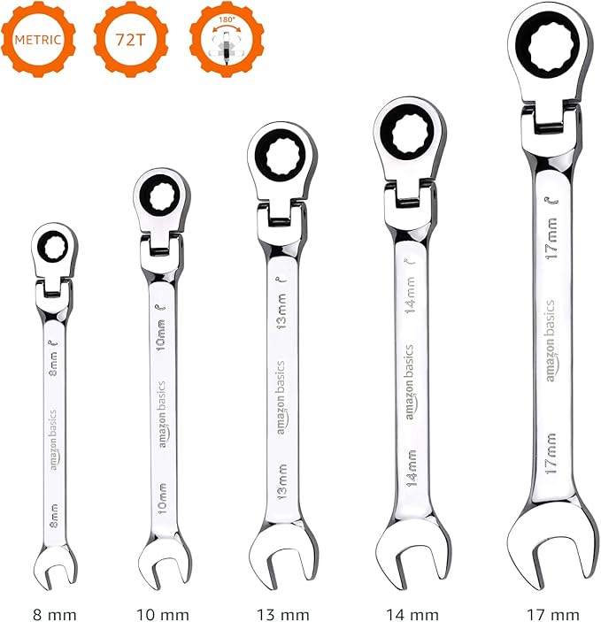 Amazon Basics Ratchet Wrenches Set, Flexible Metric Flex Head, 5-Piece