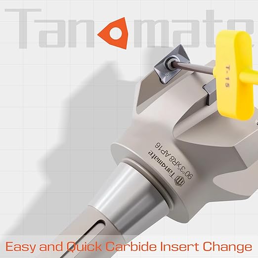 R8 Shank Indexable End Mill 3" Cutting Diameter x 6-1/4" Oal 90 Degree with Nickel Plating, Includes 6 APKT1604 Carbide Inserts
