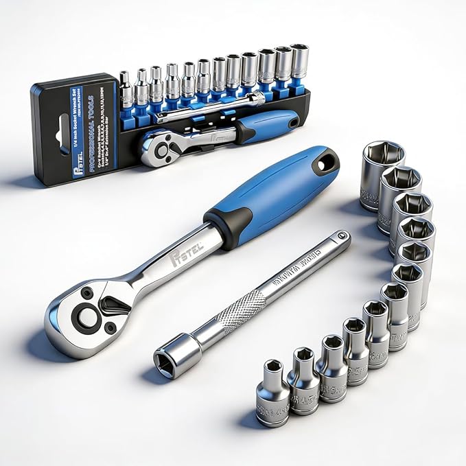 14 Pieces Socket Wrench Kit, 1/4??Drive Socket Set with 72 Teeth Release Ratchet Wrench and Extension Bar, CR-V Sockets