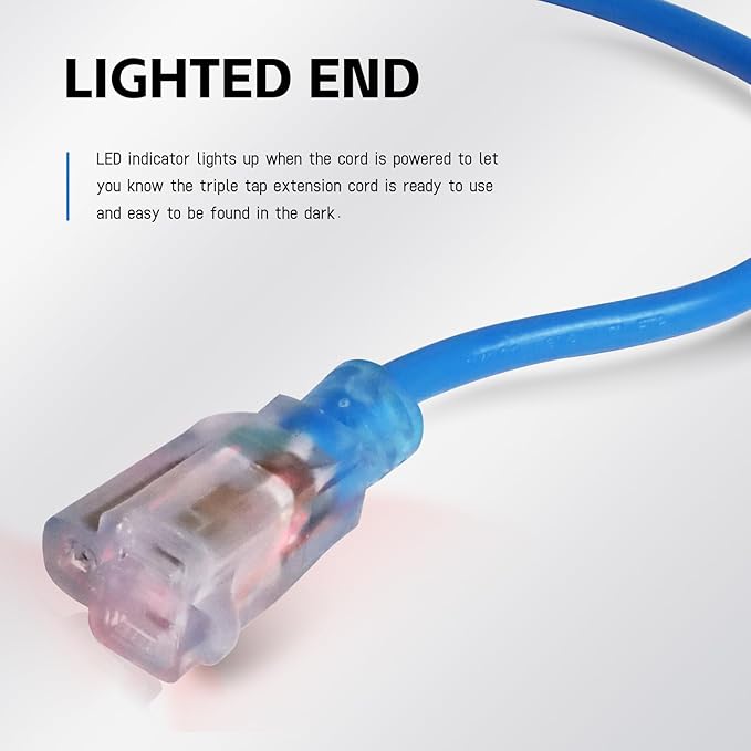 EP 6 Ft Outdoor Extension Cord, 12/3 SJTW Heavy Duty Waterproof Power Cable, 3 Prong Grounded Plug, Lighted End, for Lawn, Garden, Appliances, Blue