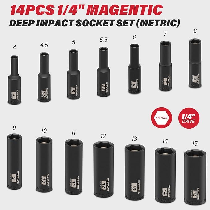 KBOISHA 1/4 Inch Deep Magnetic Socket Set,14-Piece Metric 4mm-15mm CR-MO Impact Deep Socket with Heavy Duty Storage Case