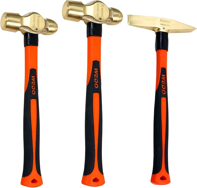 WEDO 3PCS Hammer Set,0.7lb Scaling Hammer,1lb Ball Pein Hammer,2lb Ball Pein Hammer,Brass,Fiberglass Handle,Die-Forge,Corrosion Resistant