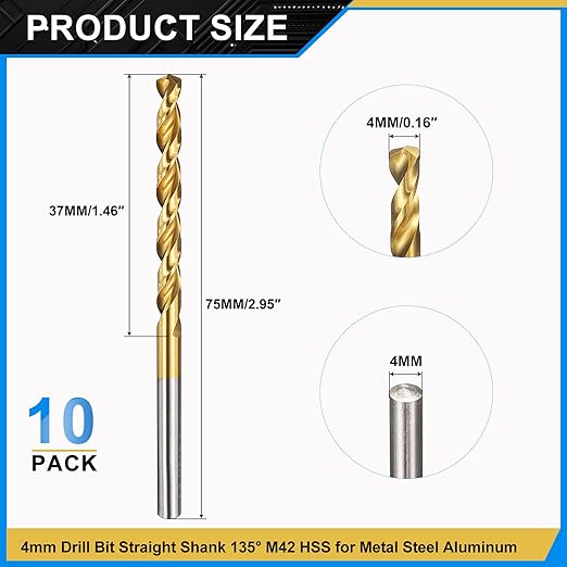 PATIKIL 4mm Drill Bit, M42 8% Cobalt High-Speed Steel Jobber Straight Shank 135° Titanium Nitride (TiN) Coated for Hard Metal Stainless Steel - 10 Pack