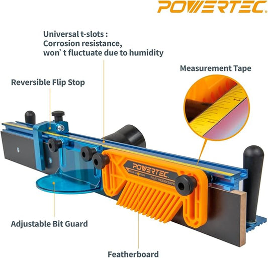 POWERTEC Router Table Fence Kit Deluxe System 3-3/8??Tall 24" Long, Router Table Top, Routing Tables for Woodworking w/Reversible Flip Stop, Dust Port, Adjustable Bit Guard, Featherboard - 71536