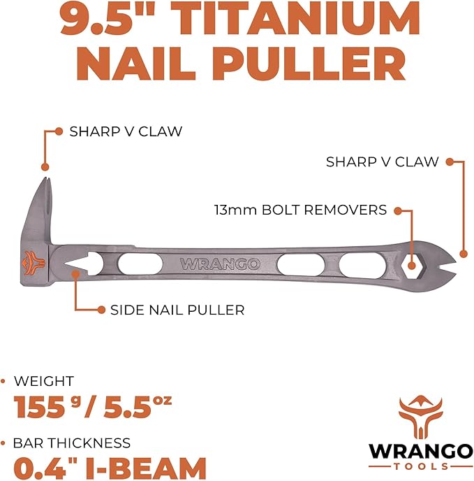 Wrango Tools 9.5" Titanium Nail Puller Cats Paw Pry Bar - 45% Lighter Than Steel - Side Nail Puller - 13mm Bolt Remover - Tools for Home Improvement, Construction & Demolition