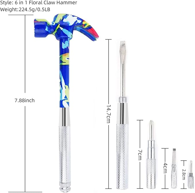 6 in 1 Multitool Hammer, All In One Screwdriver Tools Set Anti-Slip Grip Handle Print Floral Hammer Screwdriver Tool Set Best Gift (Blue)