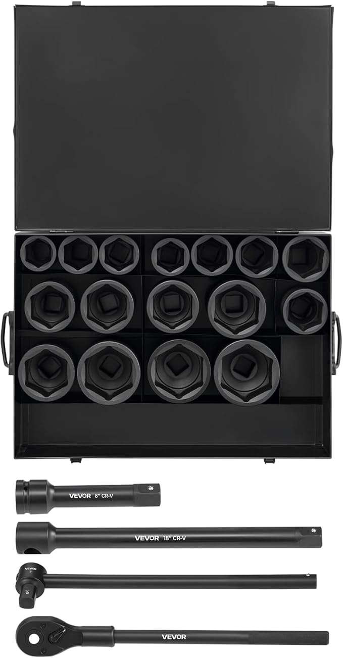VEVOR 1 in Drive Impact Socket Set, 21 Piece, 6 Point Shallow Impact Sockets, SAE (1-5/8 in to 3-1/8 in), with 8 in & 18 in Extension Bars, 24 in Ratchet, Cr-V Steel, Size Marking, and Carrying Case