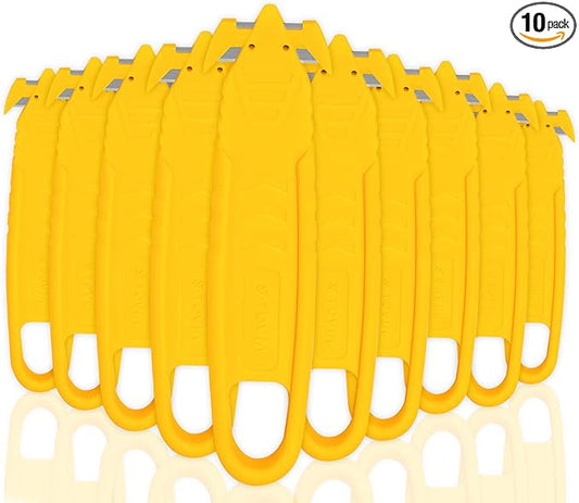 Safety Box Cutter T TOVIA Stainless Steel Concealed Blade Package Opener 10 Pcs for Tape Splitter, Cartons, Cardboard, Wrap, Straps, Film (10 pcs - Yellow)