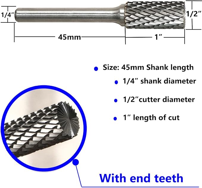 SB-5 Carbide Burr Set Tungsten Die Grinder Bits (1/2" Head Dia X 1" Cutter Length) with 1/4" (6.35mm) Shank for Die Grinder Bits Drill Rotary Tools Cylinder Shape (Pack of 5)