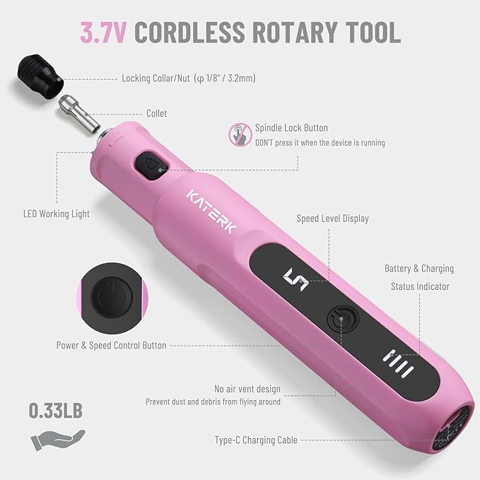 Katerk Mini Cordless Rotary Tool, 5-Speed Rotary Tool Kit, 5000-20000RPM & 70 Accessories, Multi-Purpose 3.7V Power Rotary Tool for Sanding, Engraving, Polishing, Drilling, 3D Printing, DIY Crafts