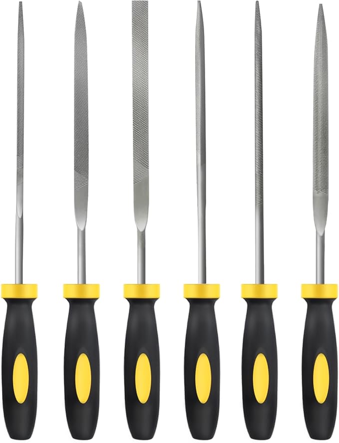 MORROWIND Small 6-Piece Needle File Set, Diameter 0.11" Length 5.51" Hardened Alloy Steel Mini File for Metal Wood Plastic, Includes Flat, Warding, Square, Triangular, Round, Half-Round, Yellow